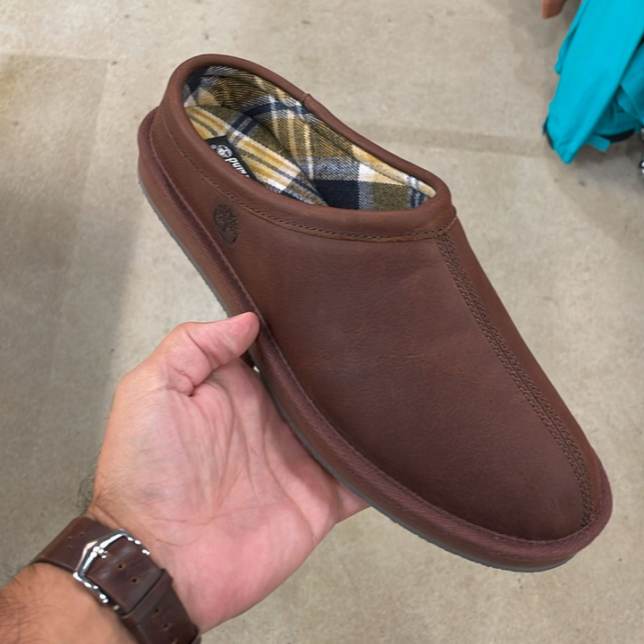 Pine Hill Flannel-Lined Clog Slipper Brown Full-Grain